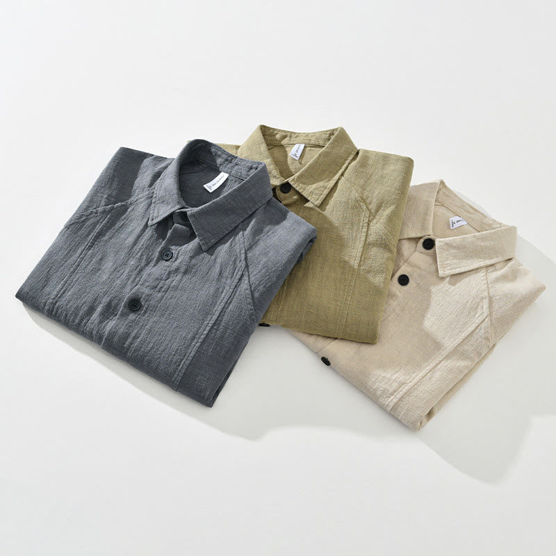 Buddha Stones Men's Fall Plain Ramie Cotton Long Sleeve Lapel Shirt With Pockets - image 16