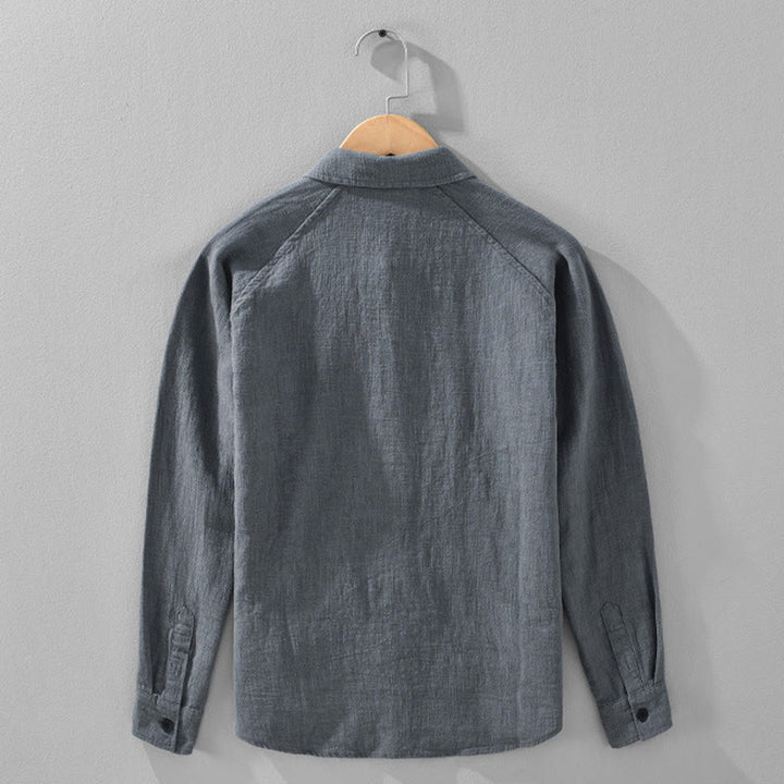 Buddha Stones Men's Fall Plain Ramie Cotton Long Sleeve Lapel Shirt With Pockets - image 6