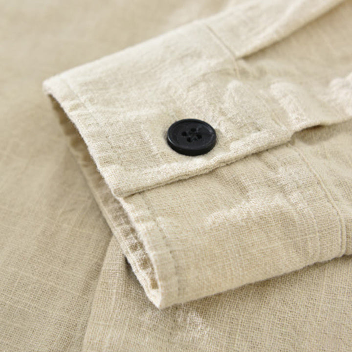 Buddha Stones Men's Fall Plain Ramie Cotton Long Sleeve Lapel Shirt With Pockets - image 4