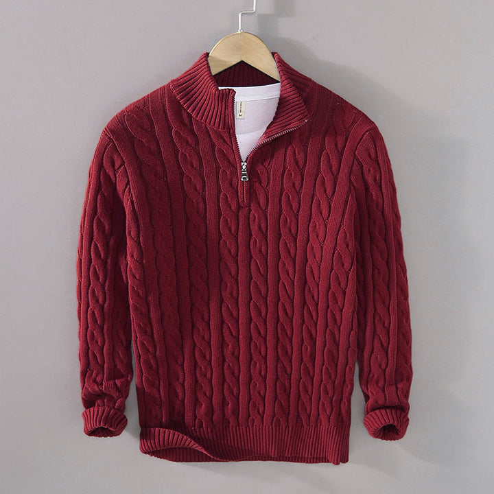Buddha Stones Winter Textured High Neck Zipper Design Men's Long Sleeve Cotton Sweater - DarkRed - US/UK/AU42,EU52 (3XL) - image 1