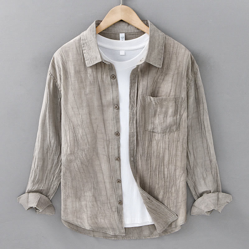 Buddha Stones Solid Long Sleeve Stand Collar Wrinkles Button Down Ramie Linen Men's Shirts - Linen - US/UK/AU42,EU52 (3XL) - image 12