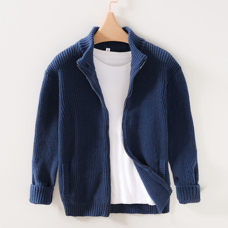 Buddha Stones Winter Solid Color Zipper Knit Cardigan Men's Long Sleeve Cotton Jacket With Pockets - DarkBlue - US/UK/AU40,EU50 (2XL) - image 0