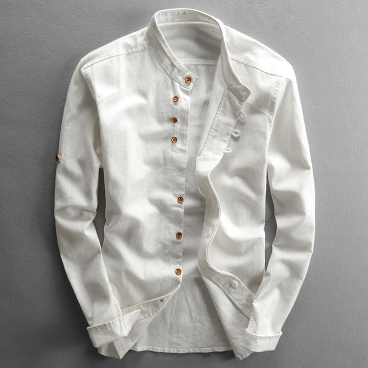 Buddha Stones Men's Slim Fit Design Stand Collar Crew Neck Long Sleeve Cotton Linen Shirt - White - US/UK/AU50,EU60 (7XL) - image 3