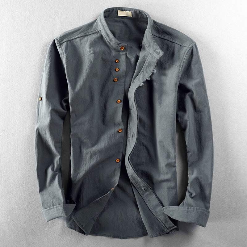 Buddha Stones Men's Slim Fit Design Stand Collar Crew Neck Long Sleeve Cotton Linen Shirt - CadetBlue - US/UK/AU50,EU60 (7XL) - image 10