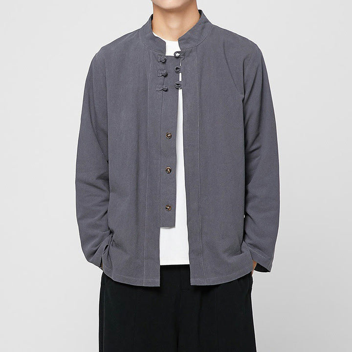 Buddha Stones Chinese Frog-Button Side Slit Men's Long Sleeve Cotton Tang Suit Shirt - LightSlateGray - US/UK/AU46,EU56 (5XL) - image 0