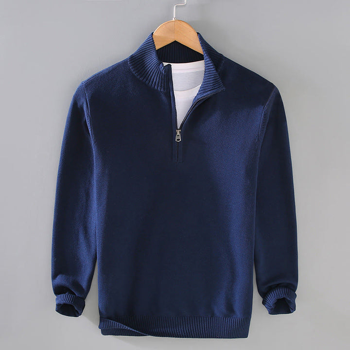 Buddha Stones Ribbed Solid Color Hem Design Men's Mock Neck Long Sleeve Pure Cotton Sweater - Navy - US/UK/AU42,EU52 (3XL) - image 0