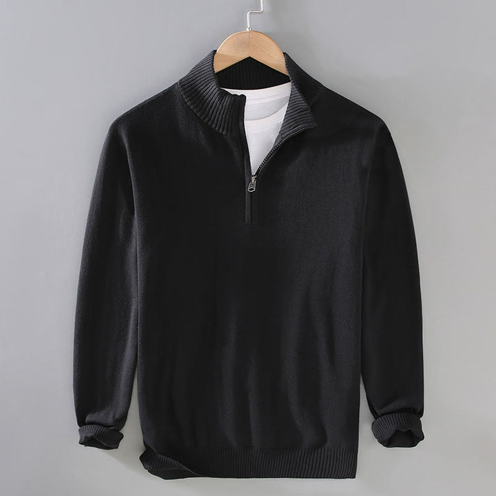 Buddha Stones Ribbed Solid Color Hem Design Men's Mock Neck Long Sleeve Pure Cotton Sweater - Black - US/UK/AU42,EU52 (3XL) - image 1