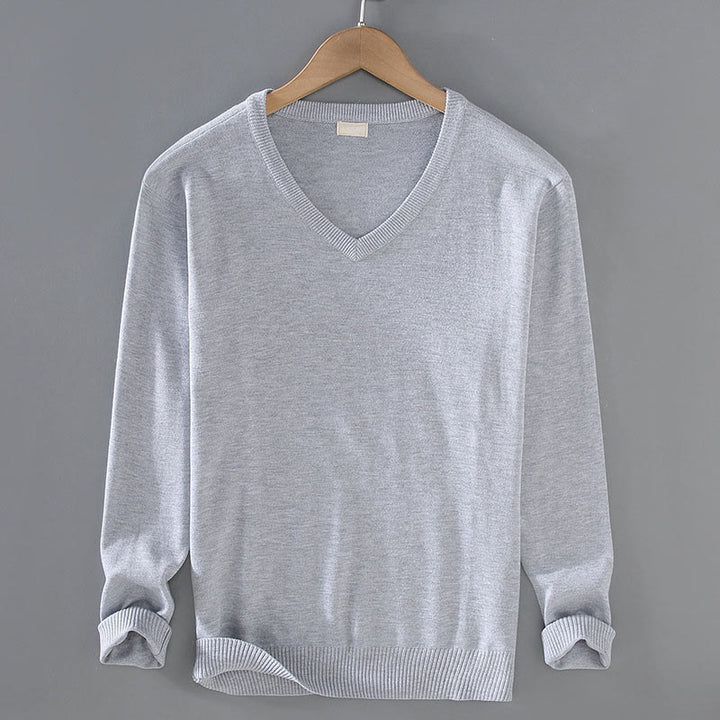 Buddha Stones Solid Color V-Neck Cotton Simple Design Men's Long Sleeve Sweater - Gainsboro - US/UK/AU42,EU52 (3XL) - image 0