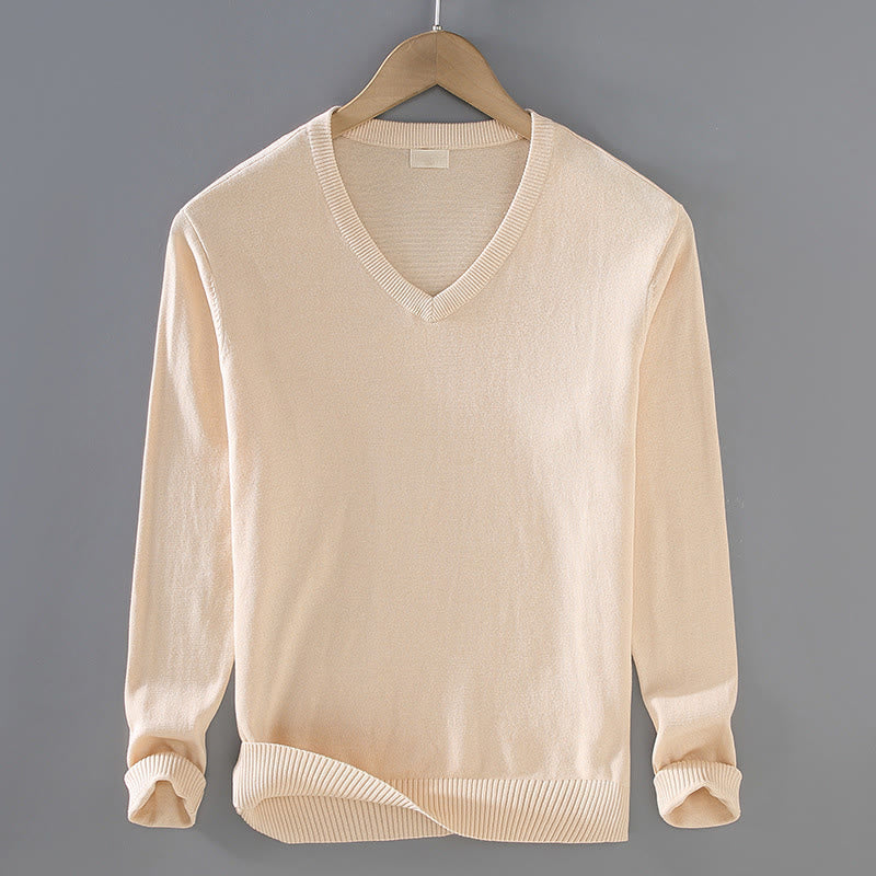 Buddha Stones Solid Color V-Neck Cotton Simple Design Men's Long Sleeve Sweater - PapayaWhip - US/UK/AU42,EU52 (3XL) - image 8