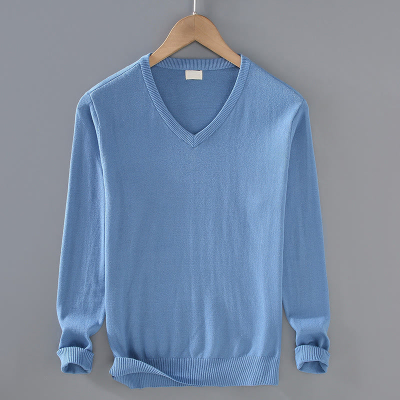 Buddha Stones Solid Color V-Neck Cotton Simple Design Men's Long Sleeve Sweater - CornflowerBlue - US/UK/AU42,EU52 (3XL) - image 12