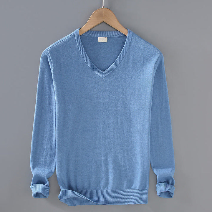 Buddha Stones Solid Color V-Neck Cotton Simple Design Men's Long Sleeve Sweater - CornflowerBlue - US/UK/AU42,EU52 (3XL) - image 12