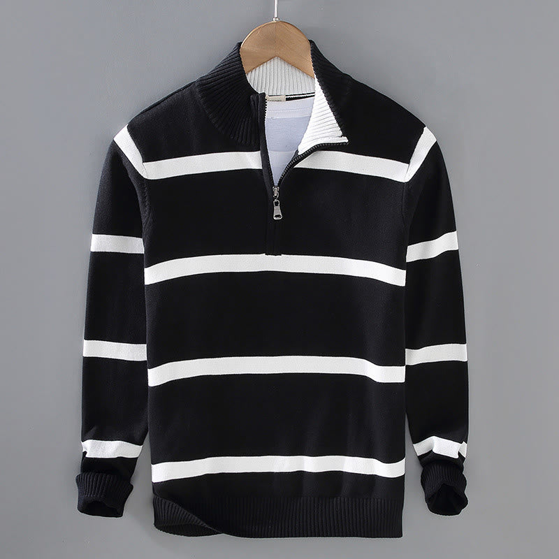 Buddha Stones Color Contrast Striped Half Zipper Design Cotton Men's Long Sleeve Sweater - Black White Stripe - US/UK/AU42,EU52 (3XL) - image 0