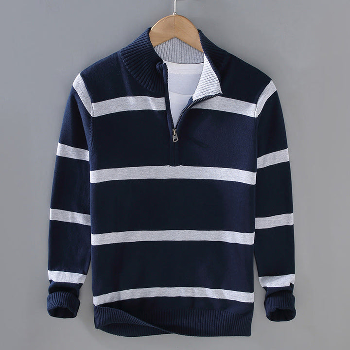 Buddha Stones Color Contrast Striped Half Zipper Design Cotton Men's Long Sleeve Sweater - MidnightBlue LightGrey Stripe - US/UK/AU42,EU52 (3XL) - image 11