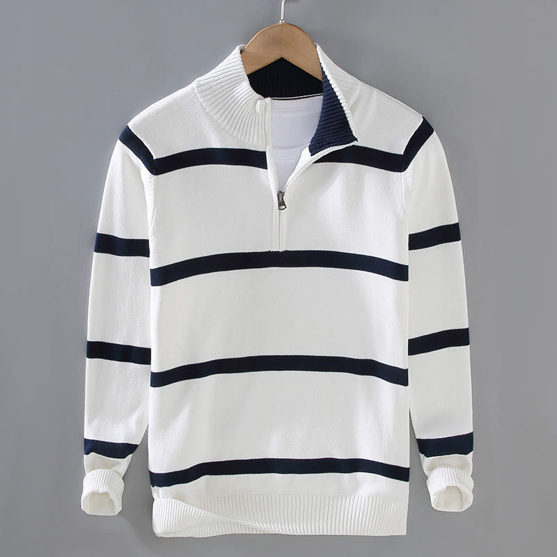 Buddha Stones Color Contrast Striped Half Zipper Design Cotton Men's Long Sleeve Sweater - White MidnightBlue Stripe - US/UK/AU42,EU52 (3XL) - image 1