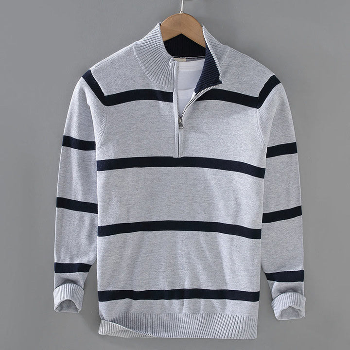 Buddha Stones Color Contrast Striped Half Zipper Design Cotton Men's Long Sleeve Sweater - DarkGray MidnightBlue Stripe - US/UK/AU42,EU52 (3XL) - image 9