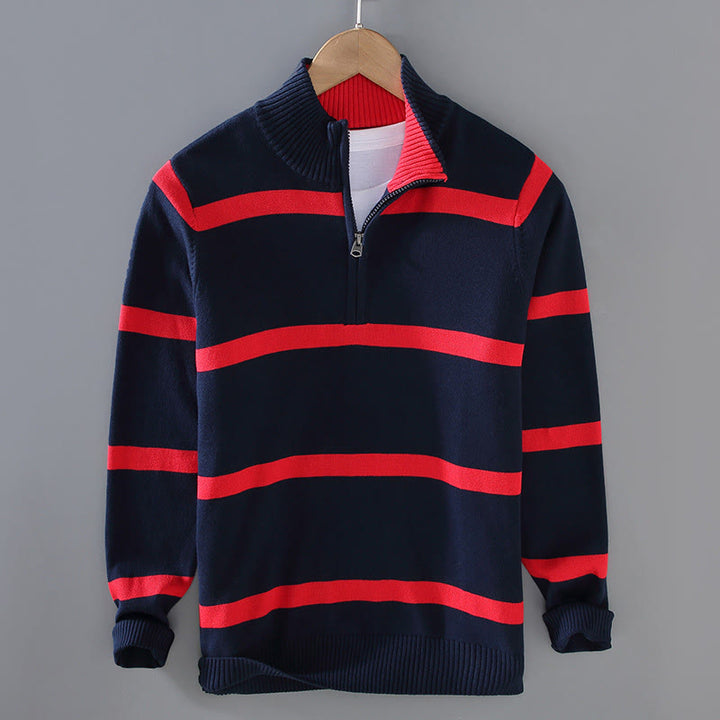 Buddha Stones Color Contrast Striped Half Zipper Design Cotton Men's Long Sleeve Sweater - MidnightBlue Red Stripe - US/UK/AU42,EU52 (3XL) - image 12