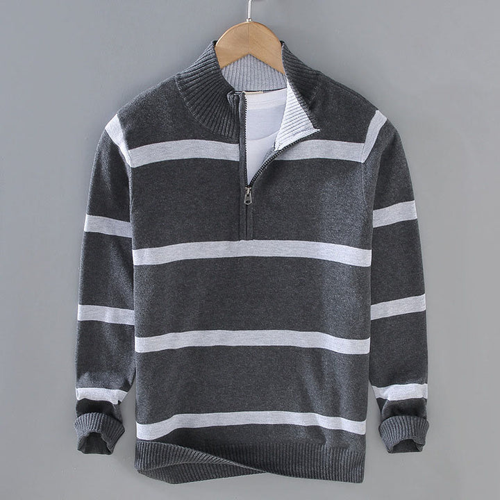 Buddha Stones Color Contrast Striped Half Zipper Design Cotton Men's Long Sleeve Sweater - DimGray DarkGray Stripe - US/UK/AU42,EU52 (3XL) - image 10