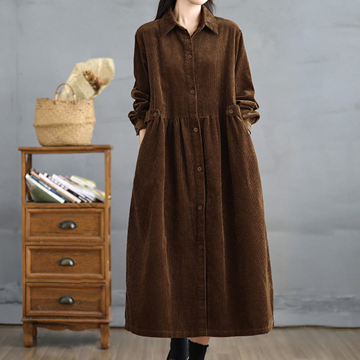 Buddha Stones Plain Buttons Long Sleeve Women's Cotton Corduroy Coat With Pockets - image 5