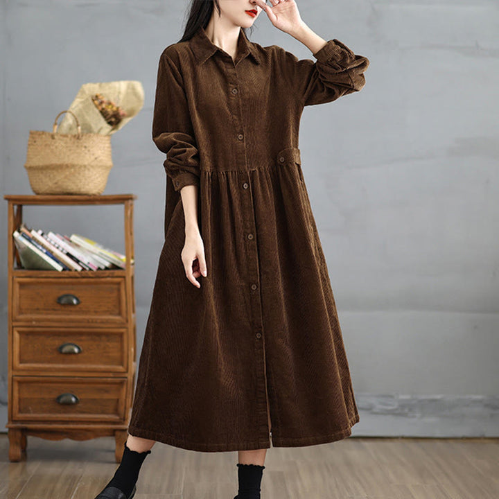 Buddha Stones Plain Buttons Long Sleeve Women's Cotton Corduroy Coat With Pockets - SaddleBrown - US12,UK/AU16,EU44 (2XL) - image 0