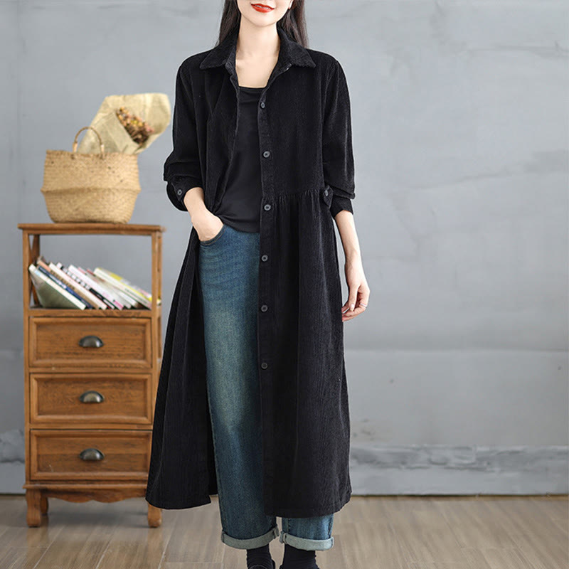Buddha Stones Plain Buttons Long Sleeve Women's Cotton Corduroy Coat With Pockets - Black - US12,UK/AU16,EU44 (2XL) - image 10