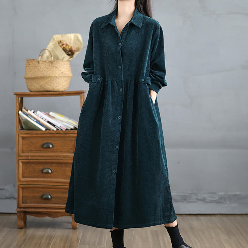 Buddha Stones Plain Buttons Long Sleeve Women's Cotton Corduroy Coat With Pockets - Teal - US12,UK/AU16,EU44 (2XL) - image 23