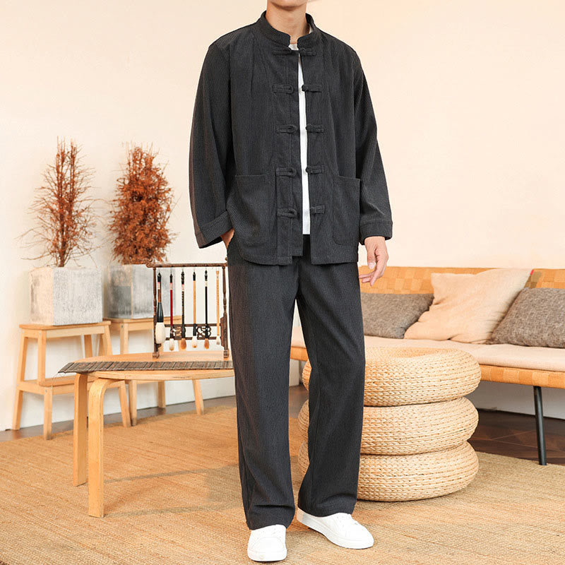 Buddha Stones 2pcs Plain Men's Frog-button Long Sleeve Shirt Pants Cotton Corduroy Set With Pockets - SlateGray - US/UK/AU46,EU56 (5XL) - image 9