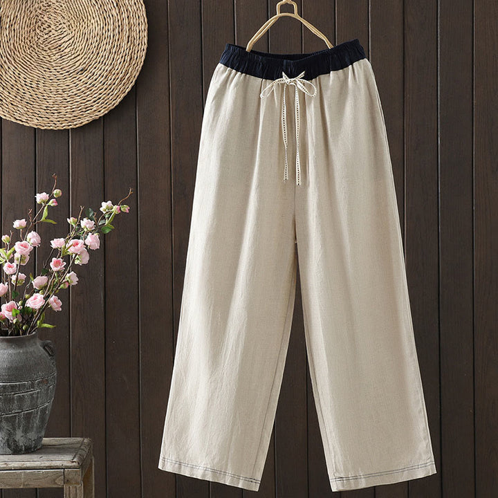 Buddha Stones Casual Splicing Color Rope Women's Cotton Straight-leg Pants With Pockets - Linen - US8-10,UK/AU12-14,EU40-42 (2XL) - image 0