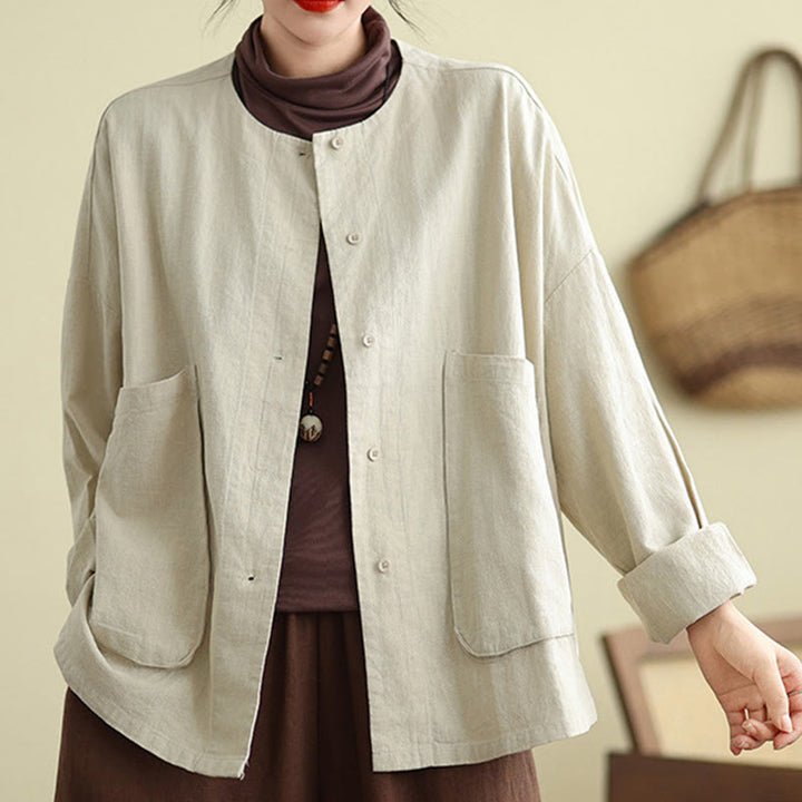 Buddha Stones Women's Long Sleeve Crew Neck Cotton Jacket With Pockets - Beige - US14,UK/AU18,EU46 (2XL) - image 0