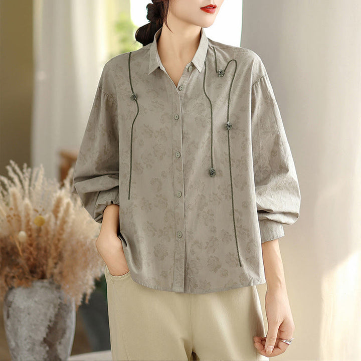 Buddha Stones Casual Embroidered Florals Women's Long Sleeve Polyester Shirt - DarkGray - US8-10,UK/AU12-14,EU40-42 (2XL) - image 0
