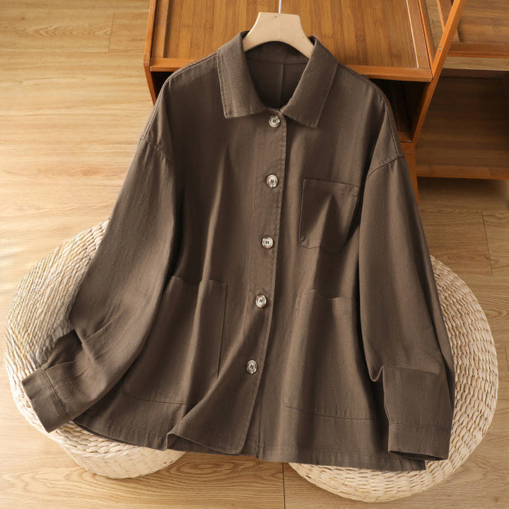 Buddha Stones Casual Women's Long Sleeve Stand Collar Cotton Polyester Shirt With Pockets - SaddleBrown - US14,UK/AU18,EU46 (2XL) - image 0