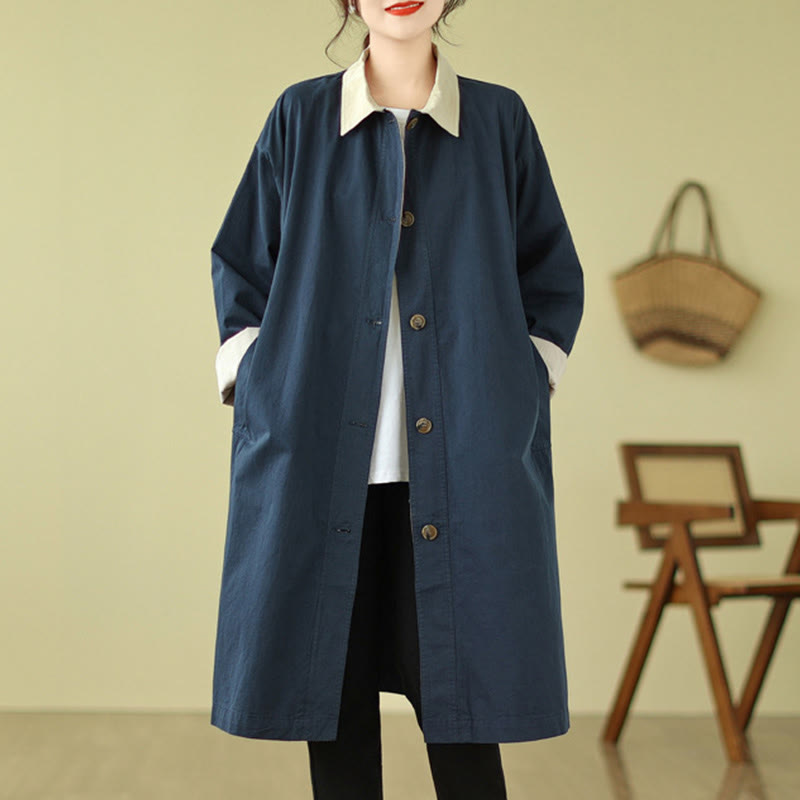 Buddha Stones Splicing Color Buttons Women's Cotton Coat With Pockets - MidnightBlue - US12,UK/AU16,EU44 (XL) - image 5