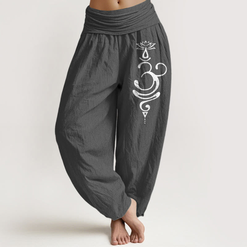 Buddha Stones Lotus Flower Unalome Symbol Pattern Pure Cotton Women's Elastic Waist Harem Pants - DimGray - US22,UK/AU26,EU54 (6XL) - image 0