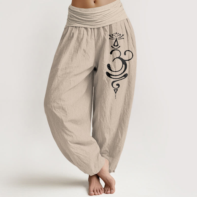 Buddha Stones Lotus Flower Unalome Symbol Pattern Pure Cotton Women's Elastic Waist Harem Pants - Tan - US22,UK/AU26,EU54 (6XL) - image 11