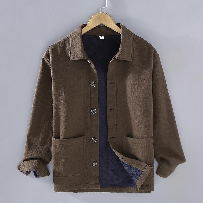 Buddha Stones Men's Plain Long Sleeve Thermal Fleece-Lined Ramie Linen Cotton Jacket With Pockets - SaddleBrown - US/UK/AU42,EU52 (3XL) - image 14