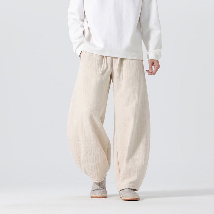 Buddha Stones Daily Drawstring Chinese Zen Style Men's Wide Leg Pure Cotton Pants With Pockets - Beige - US/UK/AU46,EU56 (5XL) - image 0