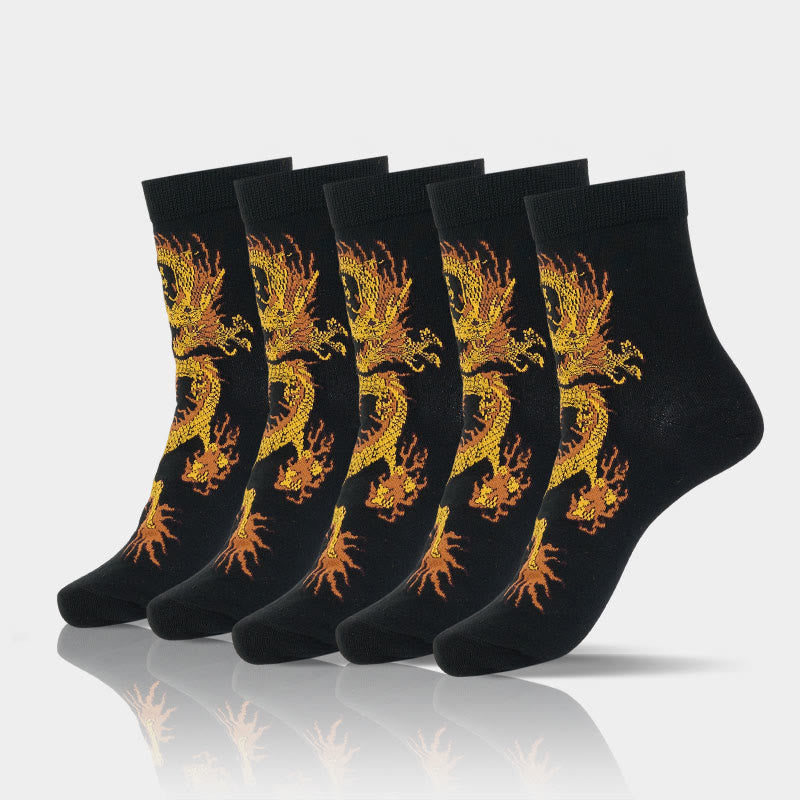 Buddha Stones Casual 5 Pairs of Golden Dragon Quarter Women's Socks - 5 Pairs Of Dragon Black - S-M (US 5.5-8.5,EU 36–40,UK/AU 3.5-6.5,Asia 23–25 cm) - image 1