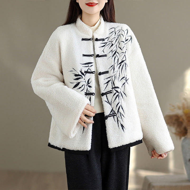 Buddha Stones Women's Embroidered Long Sleeve Thickened Cotton Jacket With Pockets - White - US16,UK/AU20,EU48 (3XL) - image 0