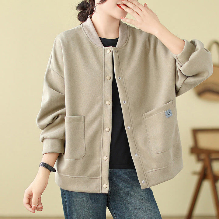Buddha Stones Plain Women's Buttons Crew Neck Long Sleeve Cotton Jacket With Pockets - Beige - US12,UK/AU16,EU44 (XL) - image 7