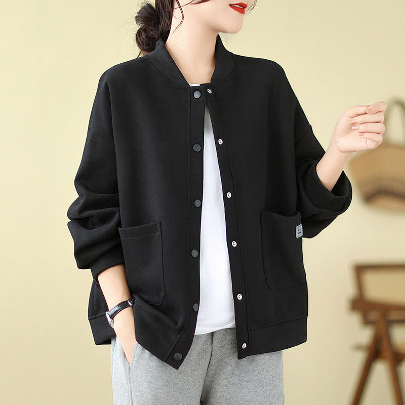 Buddha Stones Plain Women's Buttons Crew Neck Long Sleeve Cotton Jacket With Pockets - Black - US12,UK/AU16,EU44 (XL) - image 0