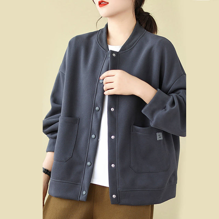 Buddha Stones Plain Women's Buttons Crew Neck Long Sleeve Cotton Jacket With Pockets - SteelBlue - US12,UK/AU16,EU44 (XL) - image 24