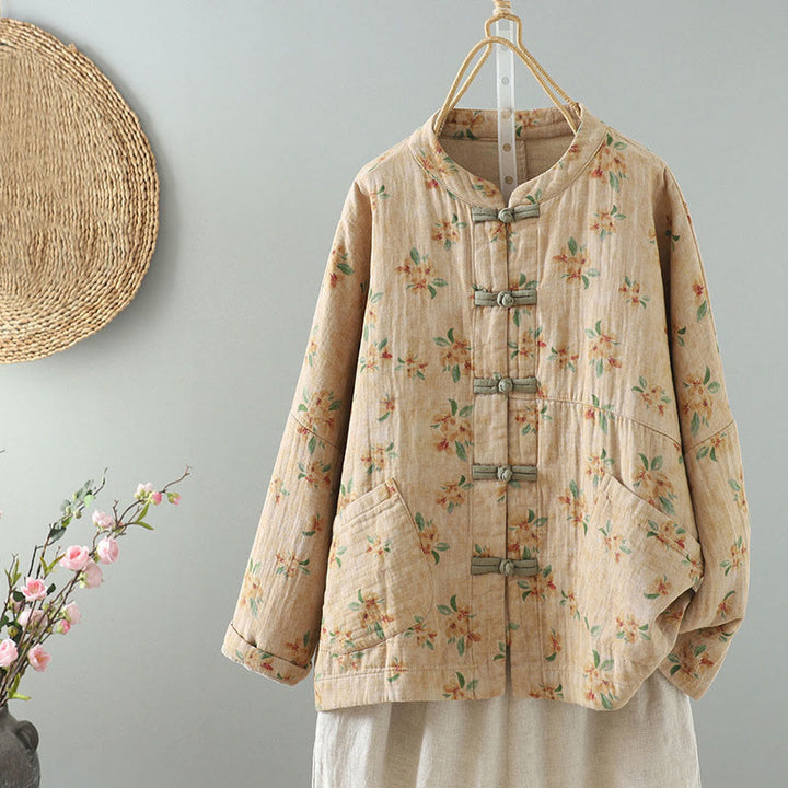 Buddha Stones Women's Print Flowers Frog-button Long Sleeve Polyester Jacket With Pockets - Moccasin - US14,UK/AU18,EU46 (2XL) - image 0