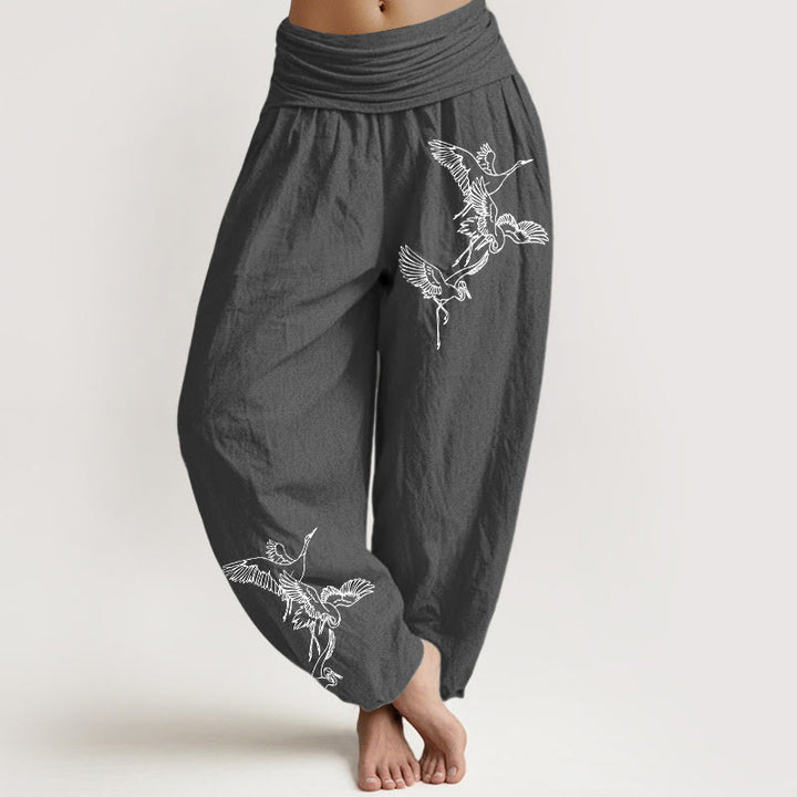 Buddha Stones Flying Crane Pattern Women's Elastic Waist Harem Cotton Pants - DimGray - US22,UK/AU26,EU54 (6XL) - image 0
