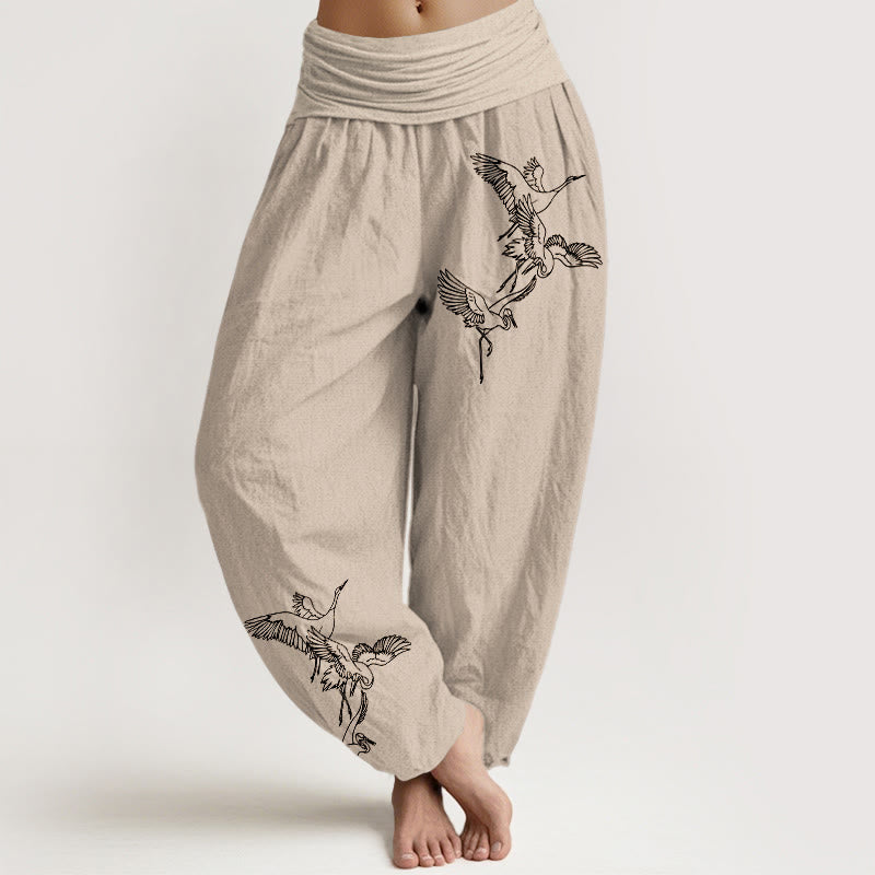 Buddha Stones Flying Crane Pattern Women's Elastic Waist Harem Cotton Pants - Tan - US22,UK/AU26,EU54 (6XL) - image 11