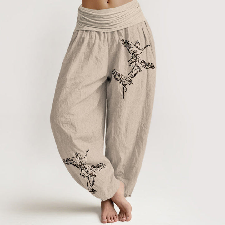 Buddha Stones Flying Crane Pattern Women's Elastic Waist Harem Cotton Pants - Tan - US22,UK/AU26,EU54 (6XL) - image 11