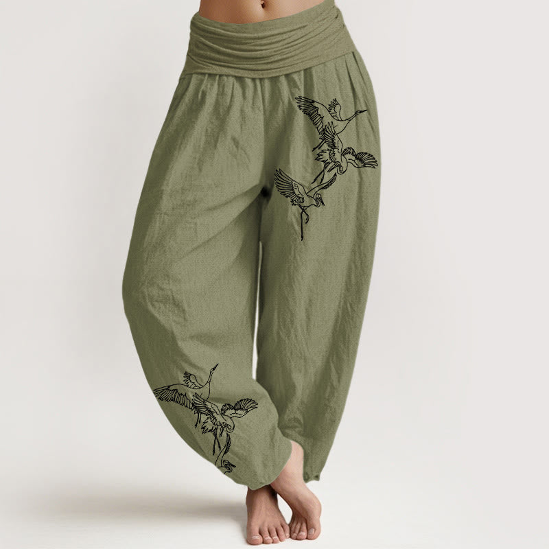 Buddha Stones Flying Crane Pattern Women's Elastic Waist Harem Cotton Pants - OliveDrab - US22,UK/AU26,EU54 (6XL) - image 14