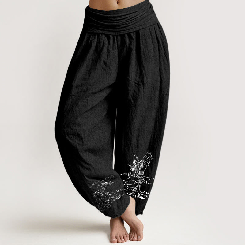 Buddha Stones Crane Flowing Water Pattern Women's Elastic Waist Harem Cotton Pants - Black - US22,UK/AU26,EU54 (6XL) - image 5