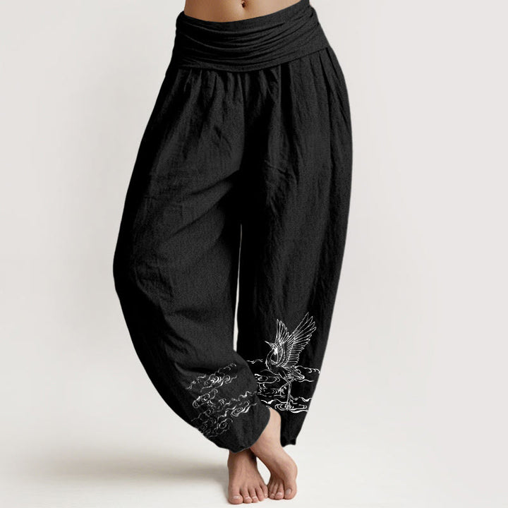 Buddha Stones Crane Flowing Water Pattern Women's Elastic Waist Harem Cotton Pants - Black - US22,UK/AU26,EU54 (6XL) - image 5