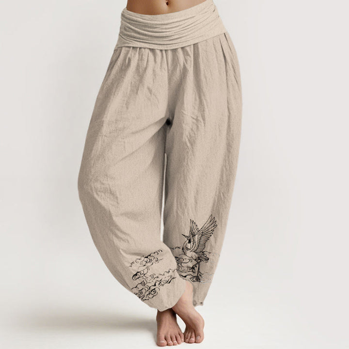 Buddha Stones Crane Flowing Water Pattern Women's Elastic Waist Harem Cotton Pants - Tan - US22,UK/AU26,EU54 (6XL) - image 11