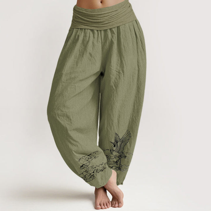 Buddha Stones Crane Flowing Water Pattern Women's Elastic Waist Harem Cotton Pants - OliveDrab - US22,UK/AU26,EU54 (6XL) - image 14