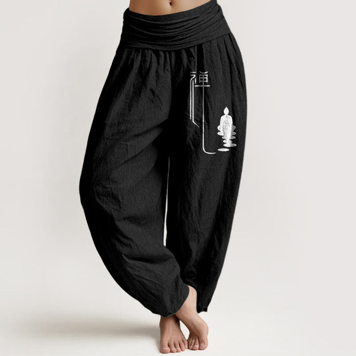 Buddha Stones Zen Buddhist Pattern Women's Elastic Waist Harem Cotton Pants - Black - US22,UK/AU26,EU54 (6XL) - image 5